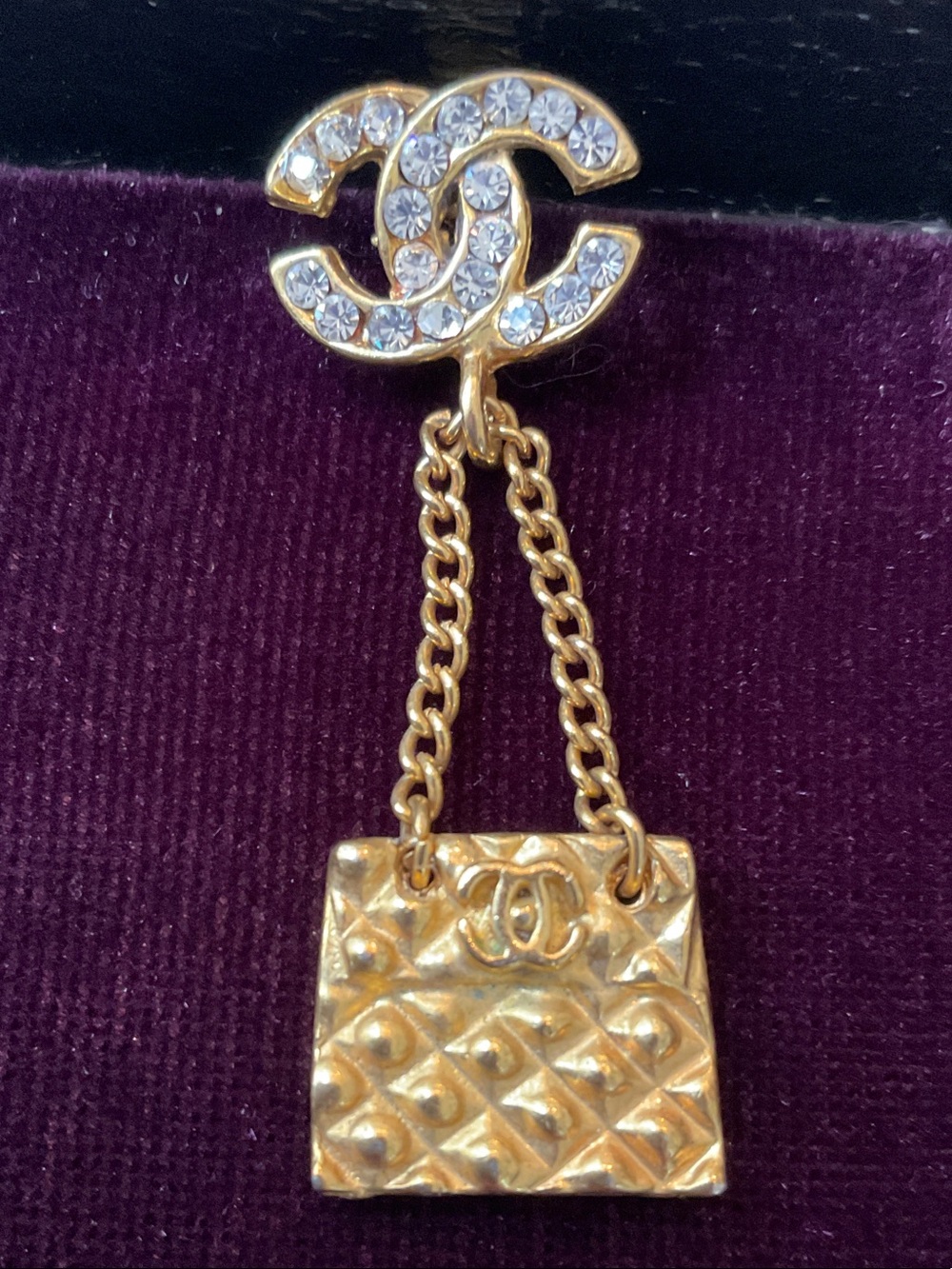Gold-Tone Crystal Drop Earring with Quilted Bag Charm, ONE EARRING